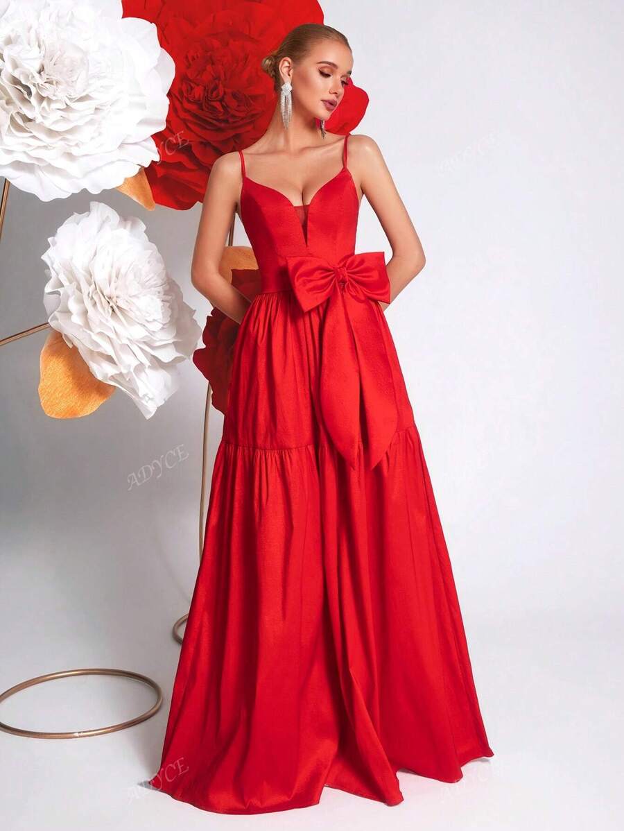 ADYCE Abito a-line con schiena scoperta, fiocco al collo, lacci, per festa da ballo, abito da ospite per matrimonio, abito da sera, da cerimonia