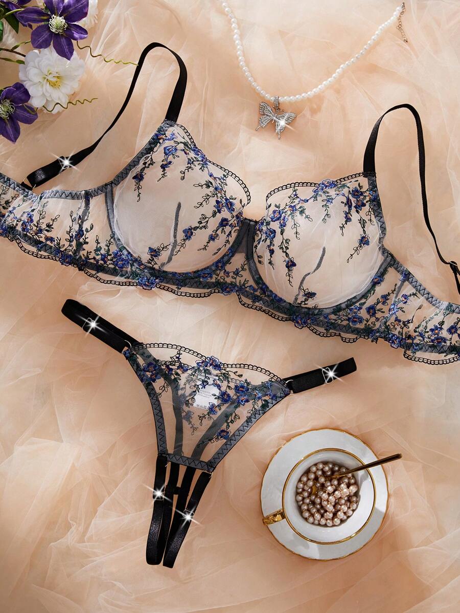 Women Plus Size Elegant Floral Embroidery Mesh Super Thin Sexy Lingerie Set
