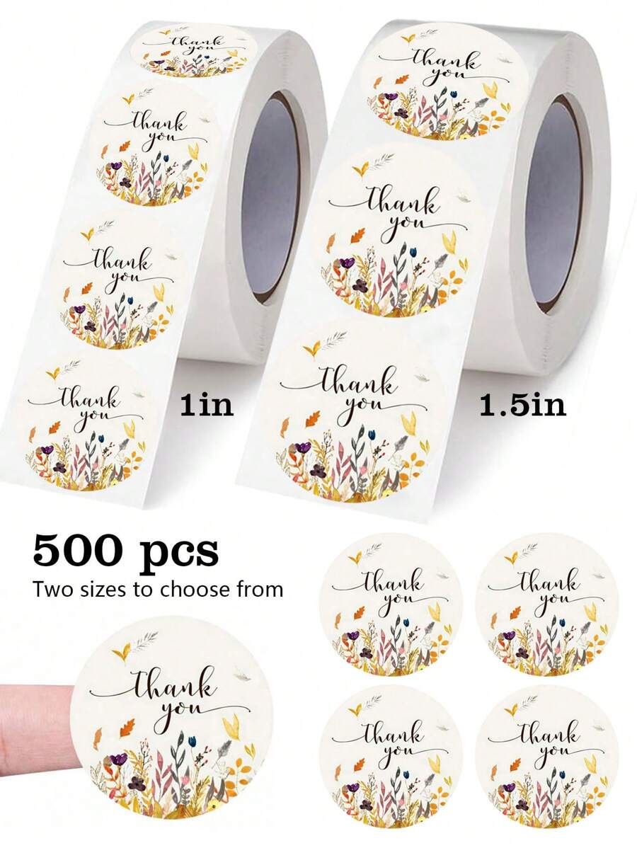 500pcs/Roll Round Floral "Thank You" Self-Adhesive Stickers For Birthday Gift, Party, Wedding Card DIY Decor, Waterproof PVC Unsticky Labels Back To School