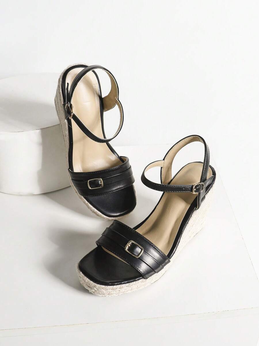 Damen Schwarze High Heel Plateau Keil Sandalen, Dicke Absatz Boho Stil bequeme Arbeits Sandalen 6cm quadratischer Absatz mit Schnalle, minimalistisch sexy