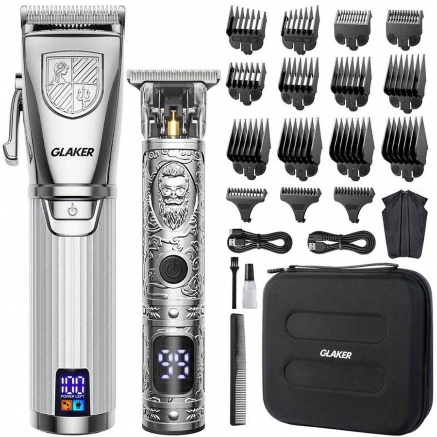 GLAKER Cordless Hair Clipper Kit – Hair Trimmer For Men, Sharp Blades, LED Display, 15 Guide Combs, Travel Case, And Storage Comfort - 6026