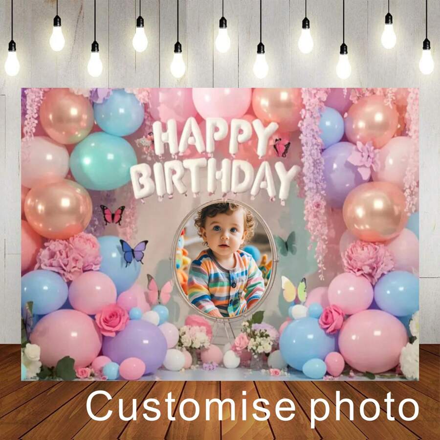1pc Customisable Photo Rainbow Balloon Happy Birthday Photography Background Fabric Pink Floral Butterfly Design Personalised Photo Design Suitable For Birthday Babyshower Background Decoration Banner Vinyl