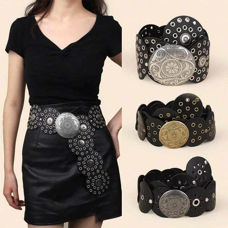 1 pièce Ceinture de taille rétro noire pour femmes, style occidental bohème, avec œillets métalliques et boucle vintage. Accessoire mode pour robes, convient pour la Saint-Valentin, le carnaval, les festivals de musique, la Fête des mères, Noël, les fêtes et les occasions décontractées