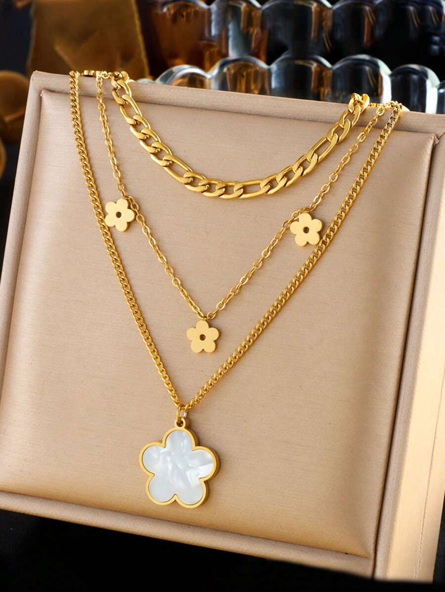 1 pièce Collier à pendentif fleur à coquille vintage lisse multicouche avec chaîne en acier inoxydable