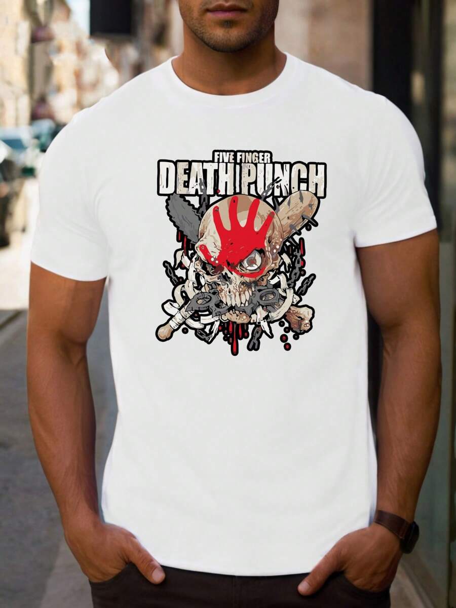 Camiseta sencilla con estampado de calavera "Five Finger Death Punch" para hombre, 1 pieza, cuello redondo, informal, de algodón puro grueso de 220 g/m².