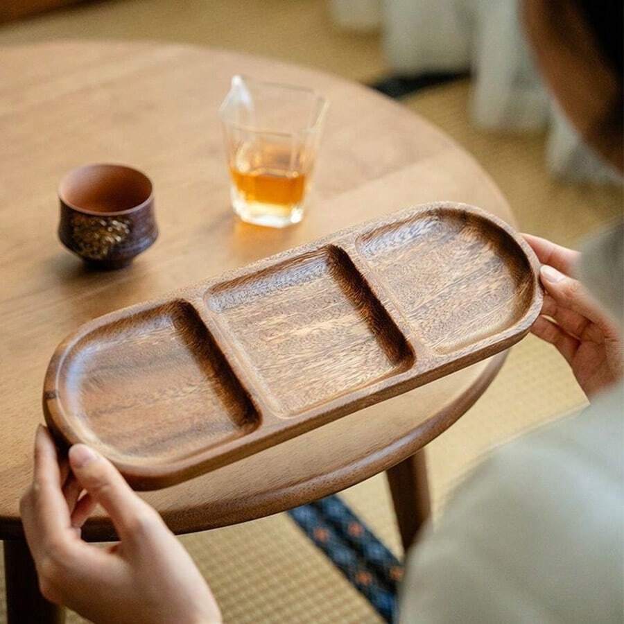 1pc, 11.4 Inch Multipurpose Wooden Breakfast Tray, Snack Plate, Cake Stand, Decorative Tray, Compartment Appetizer, Dip, Condiment, Nuts, Dried Fruits, Kitchen Counter, Bathroom Decor, Candle Holder, Suitable For Birthday, Party, Halloween, Christmas