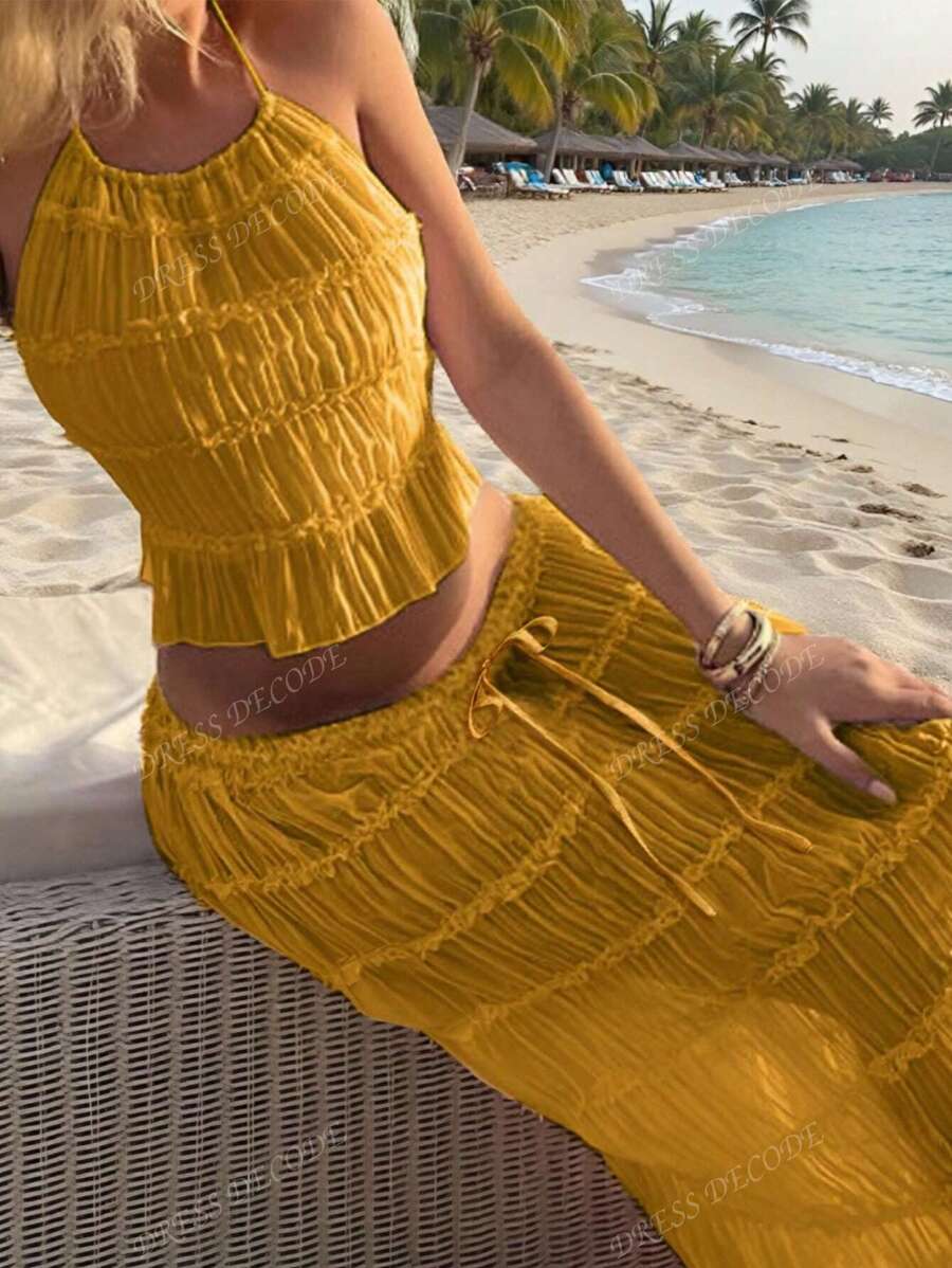Conjunto de vestido maxi con falda plisada de gasa de albaricoque, con encaje, escote halter y espalda descubierta - Conjunto romántico y elegante de 2 piezas