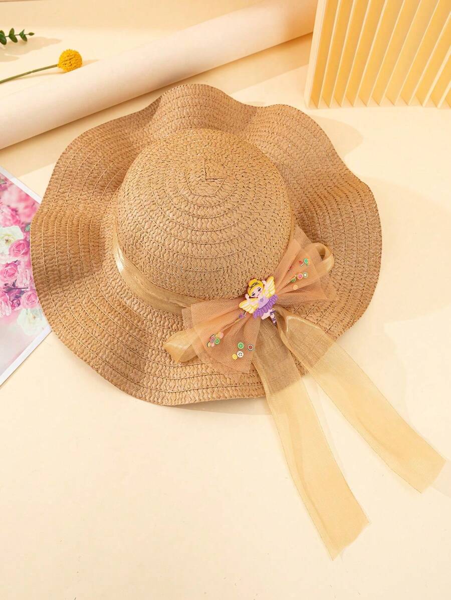 1pc Kids Girls' Ballet Dancer Net Bow Decoration Khaki Sun Hat, Suitable For Daily Life, Outdoor Leisure And Vacation, Princess Style