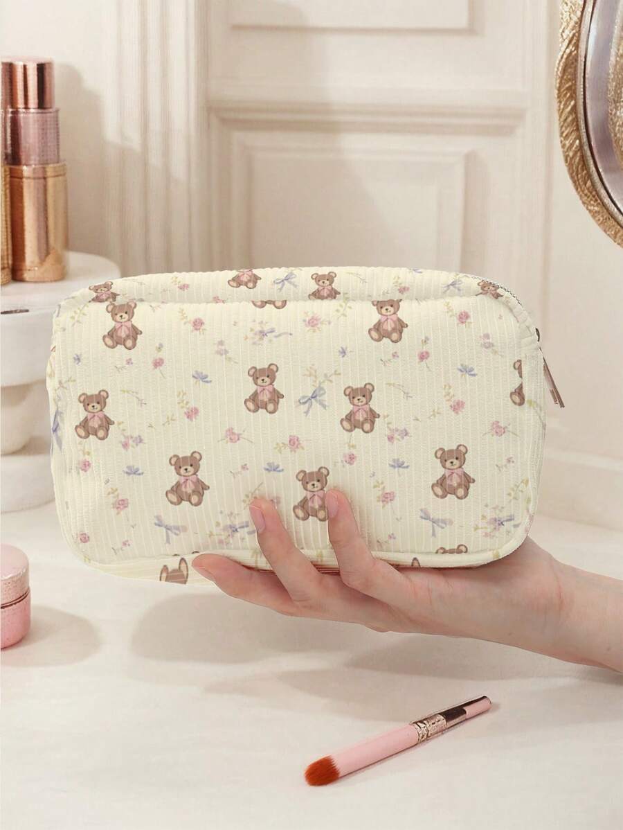 Bear Pattern Corduroy Makeup Bag, Lightweight Zipper Cosmetic Storage Bag Sweet Style Versatile Toiletries Organizer, Gift For Girls Women Friends,Travel Portable Cosmetic Storage Bag Holiday Essentials Holiday Travel Essentials Travel Bag Travel Accessories