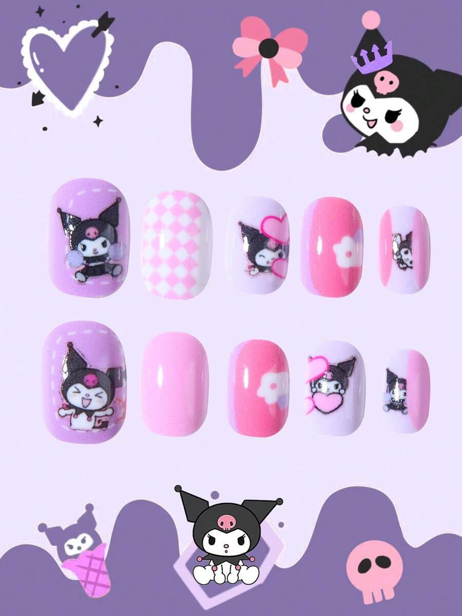 Sanrio 24 pièces Ongles carrés courts de Kuromi Sanrio. Faux ongles Sanrio Kuromi mignons à presser. Ensemble de faux ongles pour enfants. Ongles Hello chat pour enfants et filles pour un usage quotidien