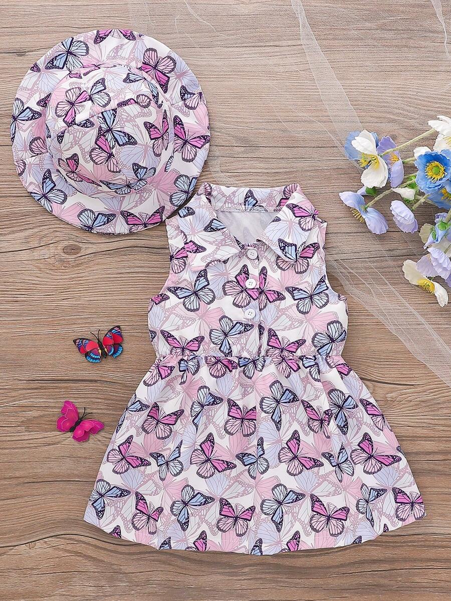 Set de 2 vestidos de tirantes casuales con estampado de mariposa de dibujos animados y sombrero para niñas pequeñas, para verano