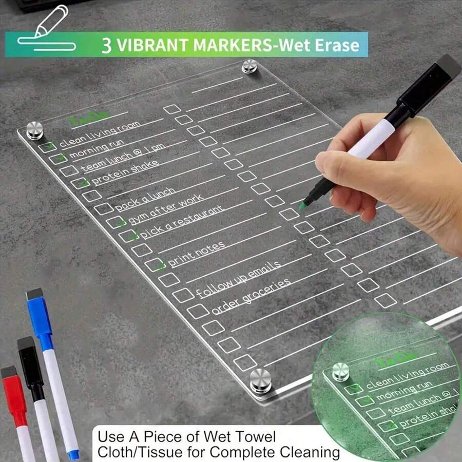 1pc Acrylic Magnetic Refrigerator Planner Set - Includes Dry Erase Board With To-Do List & Shopping List, 3 Wet Erase Marker Pens, Eraser, Strong Removable Magnets - Magnetic Whiteboard For Fridge