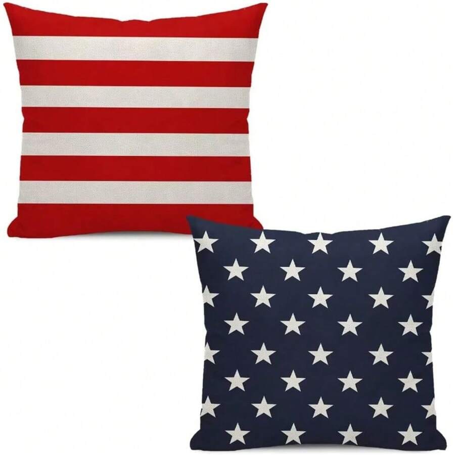 2 pièces de taie d'oreiller du 4 juillet, décoration patriotique avec rayures rouges et étoiles bleues pour commémo rer le jour de l'Indépendance. Housse de coussin d'extérieur style campagne pour canapé et lit, seule face sans rembourrage