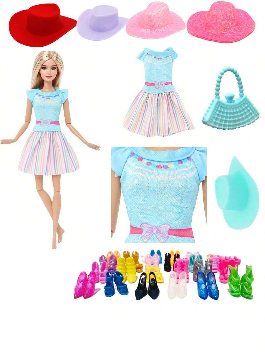 Doll Dress Up Wardrobe Doll Fashion Daily Dress Suitable For Dating, Afternoon Activities, Etc. Includes Accessories: 1 Pair Shoes, 1 Hat, 1 Bag, 1 Outfit (Doll Not Included)