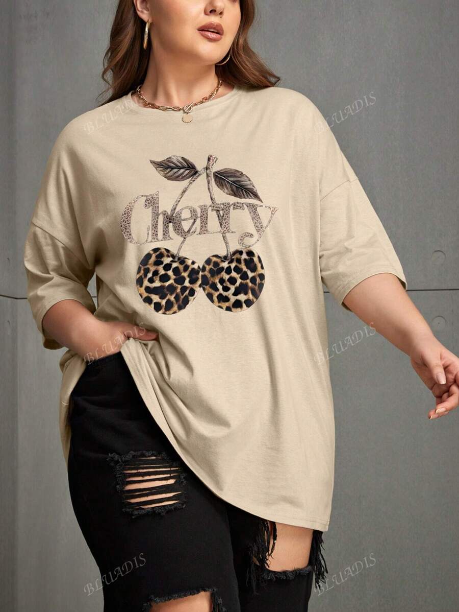 Blusa estiva casual ampia con stampa leopardata e ciliegie in stile streetwear, maglietta ampia in CVC taglie comode per donne, maglietta ampia e comoda a maniche corte in taglie comode per attività sportive, blusa estiva ampia color cachi in taglie comode per donne, maglietta estiva ampia in taglie comode per donne
