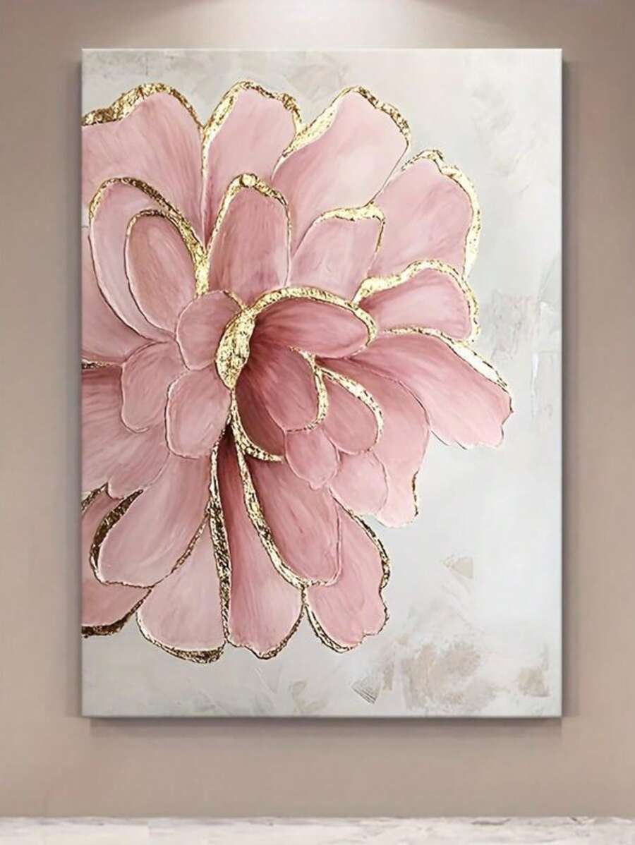 Luxury Pink Peony Gold Embellishment Wood Frame Canvas Painting, High Quality Wall Art, Ready-To-Hang Wall Decor For Living Room, Bathroom, Bedroom, Kitchen, Etc., Ready To Hang
