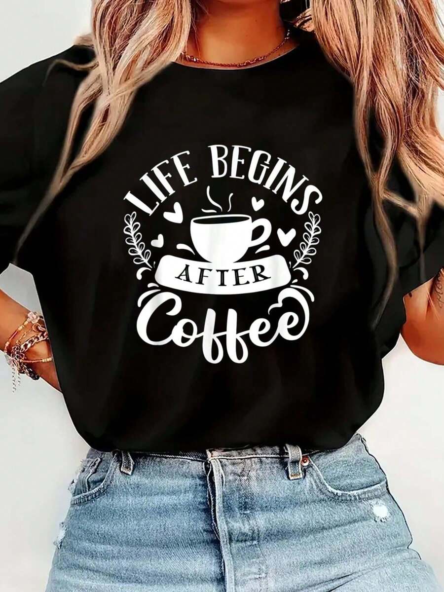 Coffee Coffeine - Men And Women - Life Begins After Coffee T-Shirt Print T-Shirt Casual Crew Neck Short Sleeve Comfort Tee Top For Spring & Summer Women's Clothing