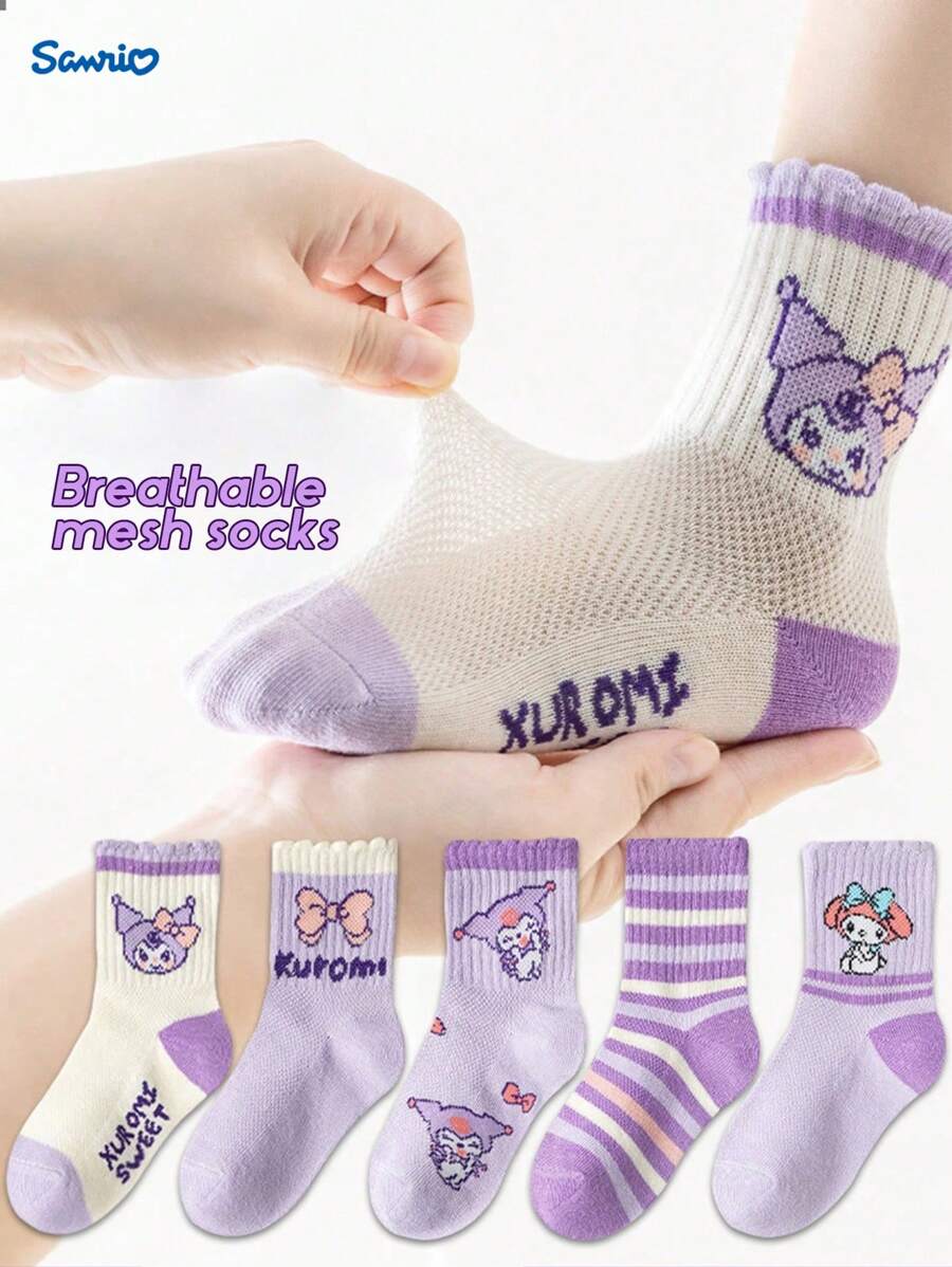 5 Pares de Meias Infantis da Sanrio Kuromi, Meias Curtas Femininas/Masculinas de Desenho Animado, Macias, Respiráveis e Agradáveis à Pele, Moda Fofa, Versáteis para Esportes Casuais, Adequadas para Estudantes Voltando às Aulas, Presentes de Férias e Uso Diário
