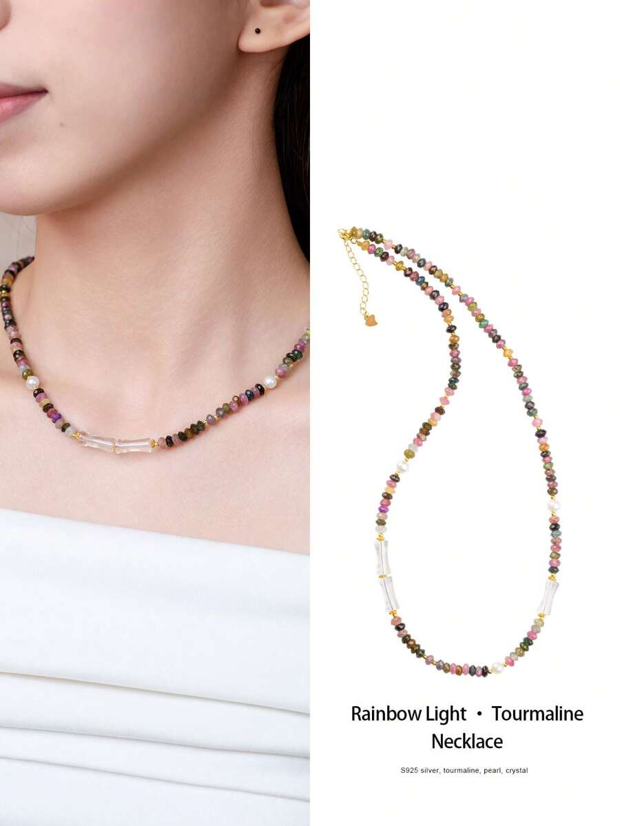 VE 1 pièce Collier en argent sterling S925 avec émeraude naturelle, présentant une émeraude, des nœuds en cristal de roche et bambou & perle. Riches couleurs et design innovant. L'émeraude symbolise la richesse et la bonne fortune, le cristal de roche représente la pureté et l'énergie positive, la perle implique la noblesse et l'intégralité. Couleur du bijou distribuée au hasard