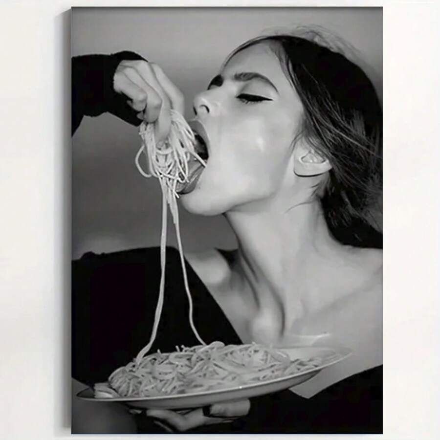 Framed Black & White Woman Enjoying Pasta Canvas Art Print - Wall Decor For Living Room, Bedroom, Hallway | Includes Hanging Hardware | Perfect Gift Idea, Perfect For Room Decor