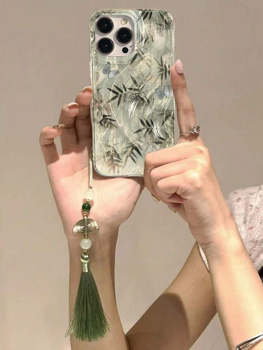 Bamboo Butterfly Painted Accessories Foil Painting Additional Pendant, High-End Elegant Silver Minimalist Compatible With IPhone 16/IPhone 15, Painted IPhone 15 Pro Max, Apple P13 Phone Case P14 Women P11 Soft Shell P12 Anti-Drop XS.XR/78P.78GES2 IPhone 16/IPhone 15/XR/IPhone 16 Pro Max/7p8p/P12 Pro Max/P13 Pro Max/P14 Pro Max/A16/A15/S24/S25/S23/S24U Phone Case Cover