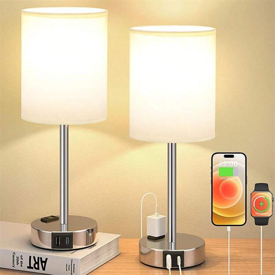 Lámpara de mesa táctil para el dormitorio - Lámpara de mesa alta de mesilla con puerto de carga USB-C USB-A blanca - Control de atenuación de 3 canales, adecuada para oficina, dormitorio, sala de estar, lectura