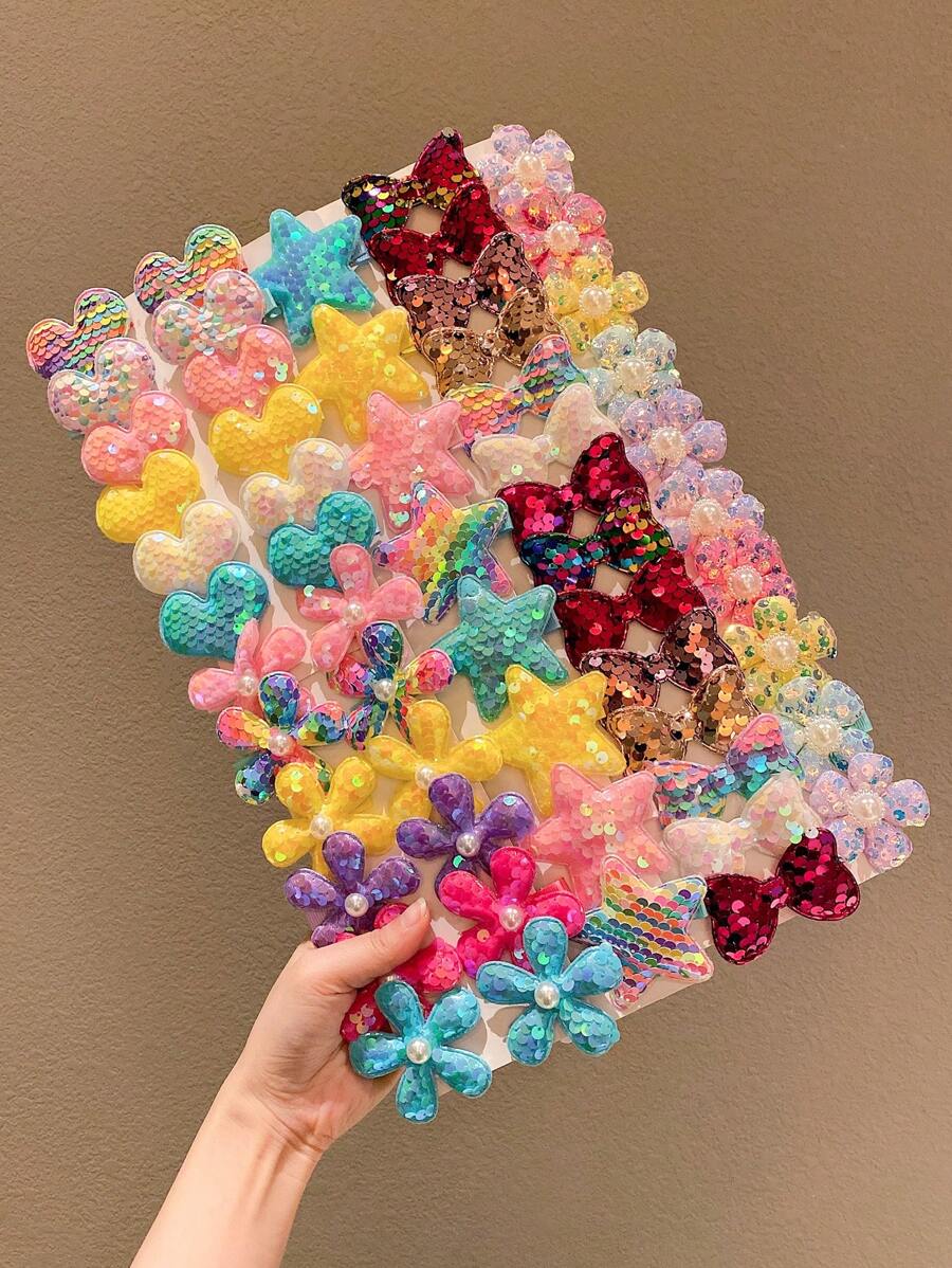 8/10/12/14/20/36pcs Glitter Bow Flower Pentagram Heart Hair Clips, Everyday Sweet Girl Hair Accessories