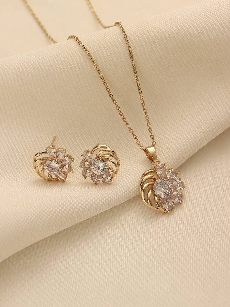 1 Set French Elegant Hollow Copper & Zirconia Stone Pendant Earrings Necklace Jewelry Set, Suitable For Women's Daily Wear, Holiday Gift