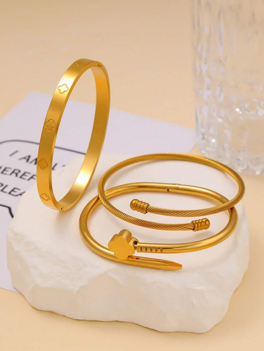 1-3 peças de aço inoxidável trevo design pulseiras pulseiras conjunto de joias da moda, adequado para uso diário e presentes de festival