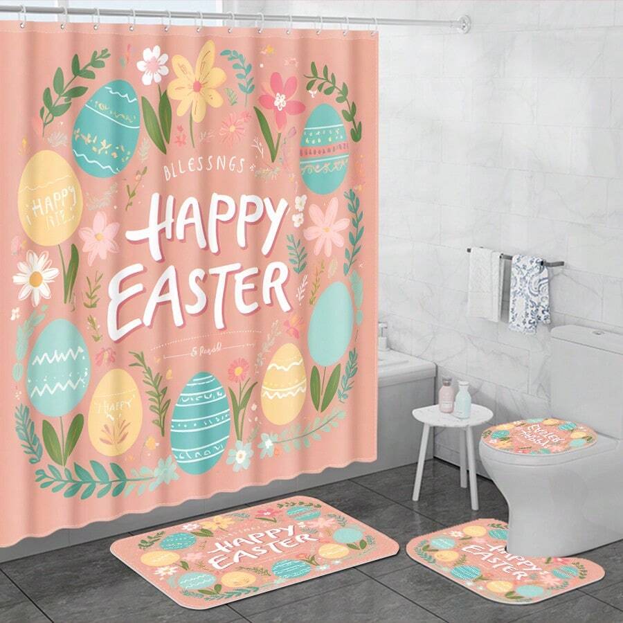 Conjunto de 4 piezas de elementos de Pascua para el baño: Cortina de ducha, alfombra de baño, tapa de inodoro, alfombra en forma de U. Cortina de ducha impermeable de poliéster con ganchos, juego de alfombras de baño antideslizantes, decoración de hogar de Pascua