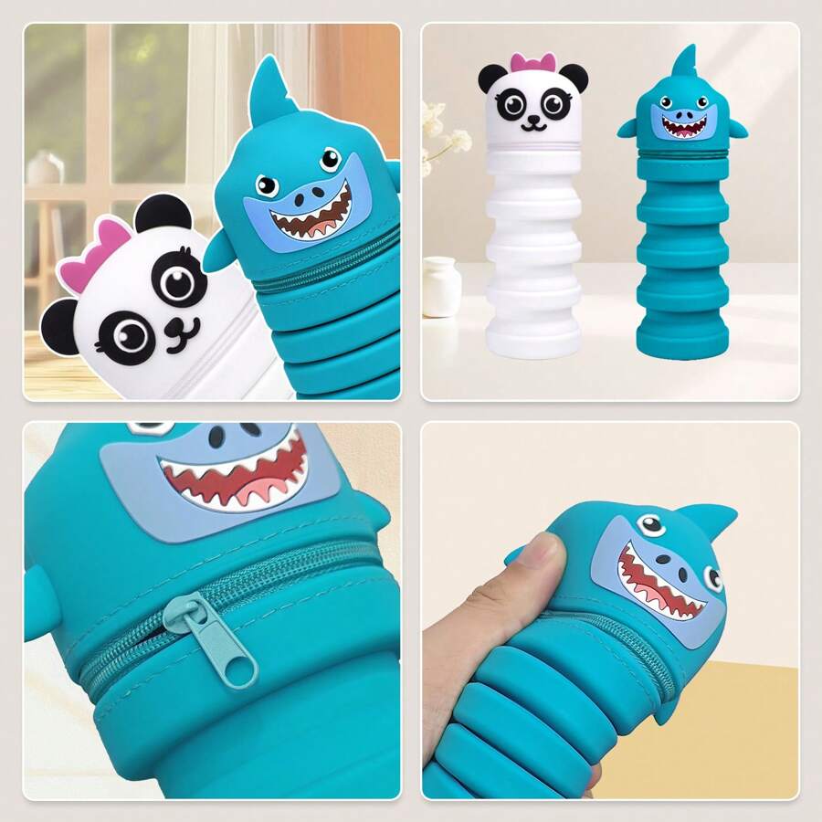 Astuccio per matite retrattile e creativo come regalo, a forma di simpatico cartone animato di squalo/orso, portapenne multifunzionale in silicone, lavabile, accessorio essenziale per il ritorno a scuola