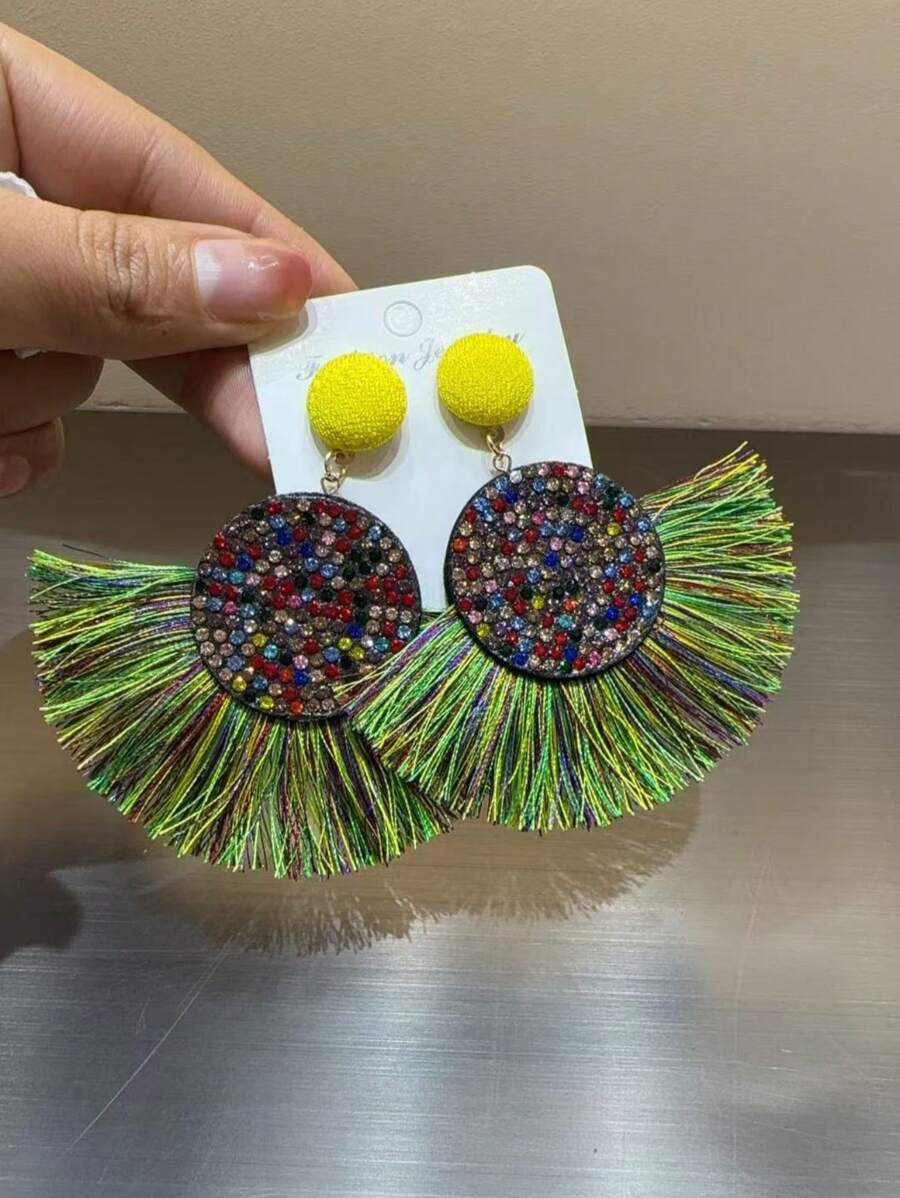 2 Pieces Vintage Bohemian Style Fringed Pendant Earrings With Colorful Rhinestones, Suitable For Women Holidays And Party Wear