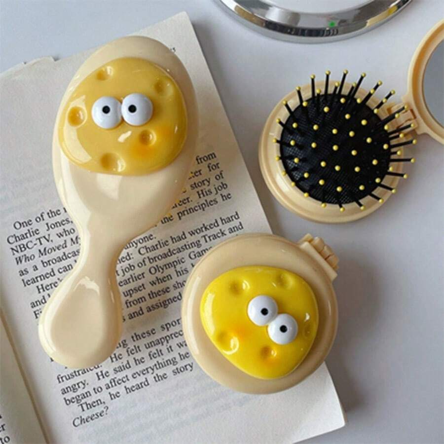 1pc Cartoon Cheeses Inflatable Folding 2-In-1 Mirror Comb, Portable Air Cushion Volumizing Hair Brush For Women