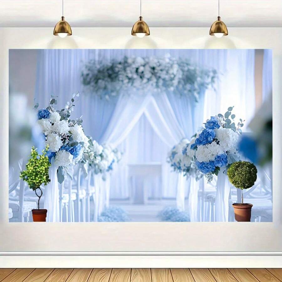 1 Piece Elegant Polyester Wedding Scene Background, Blue And White Floral Walkway Decoration, Multifunctional Wall Hanging, For Living Room, Bedroom, Office - Interior Photography Background Without Power Supply