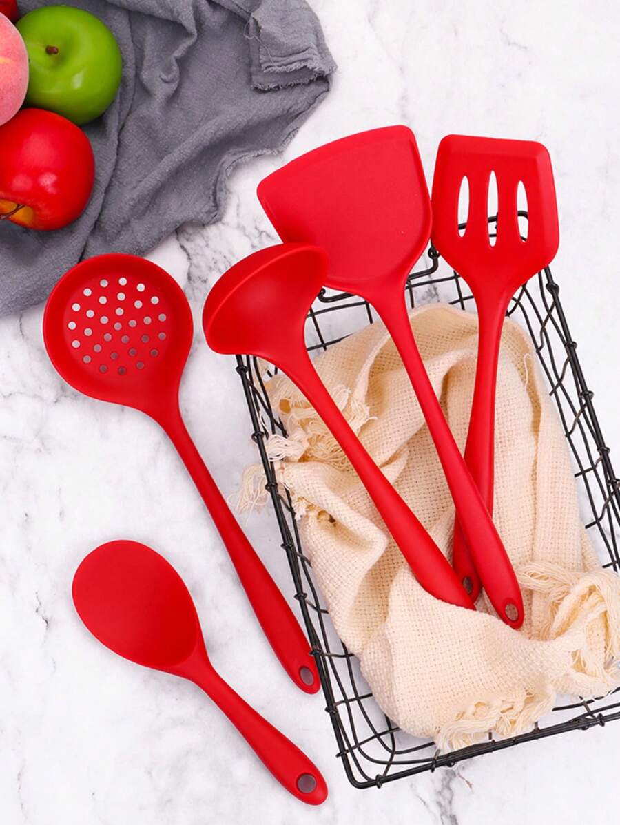 Juego de 5 piezas de utensilios de cocina de silicona resistente - Espátula, cuchara ranurada y cazo para sartenes antiadherentes | Resistentes al calor, herramientas de cocina con mangos ergonómicos (freír, hornear, acampar)