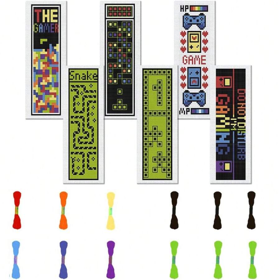 6pcs Pixel Game Themed Cross Stitch Bookmarks DIY Art Set - Includes 6 Printed Cross Stitch Fabrics, Sufficient Threads, Stitching Tools (Random Color) And English Instructions - Suitable For Sewing Beginners And Crafters - Cross Stitch Decoration, Holiday Gift
