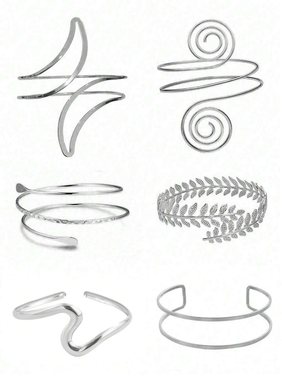 Conjunto de 6 piezas de brazaletes metálicos únicos con diseños exagerados de hojas, espirales y geométricos