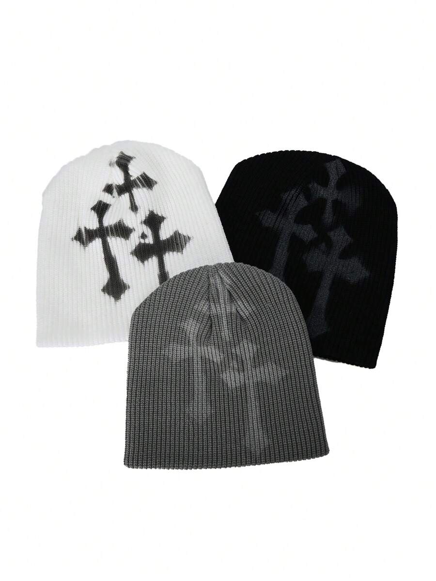 1pc Cross Embroidery Beanie, Graffiti Fashion Versatile Knitted Hat For Autumn & Winter, Warm And Windproof, European And American Style