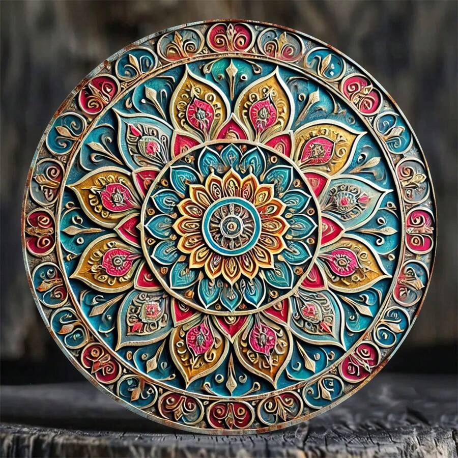 1pc 8-Inch Vintage Mandala Metal Wall Decor - Vibrant Colors, Exquisite Design, Weather-Resistant Metal Decoration, Suitable For Indoor/Outdoor, Bathroom, Office, Dining Room, Garden, Cafe, Bar, Wall Decoration, Perfect For Room Decor - Random Hole Style