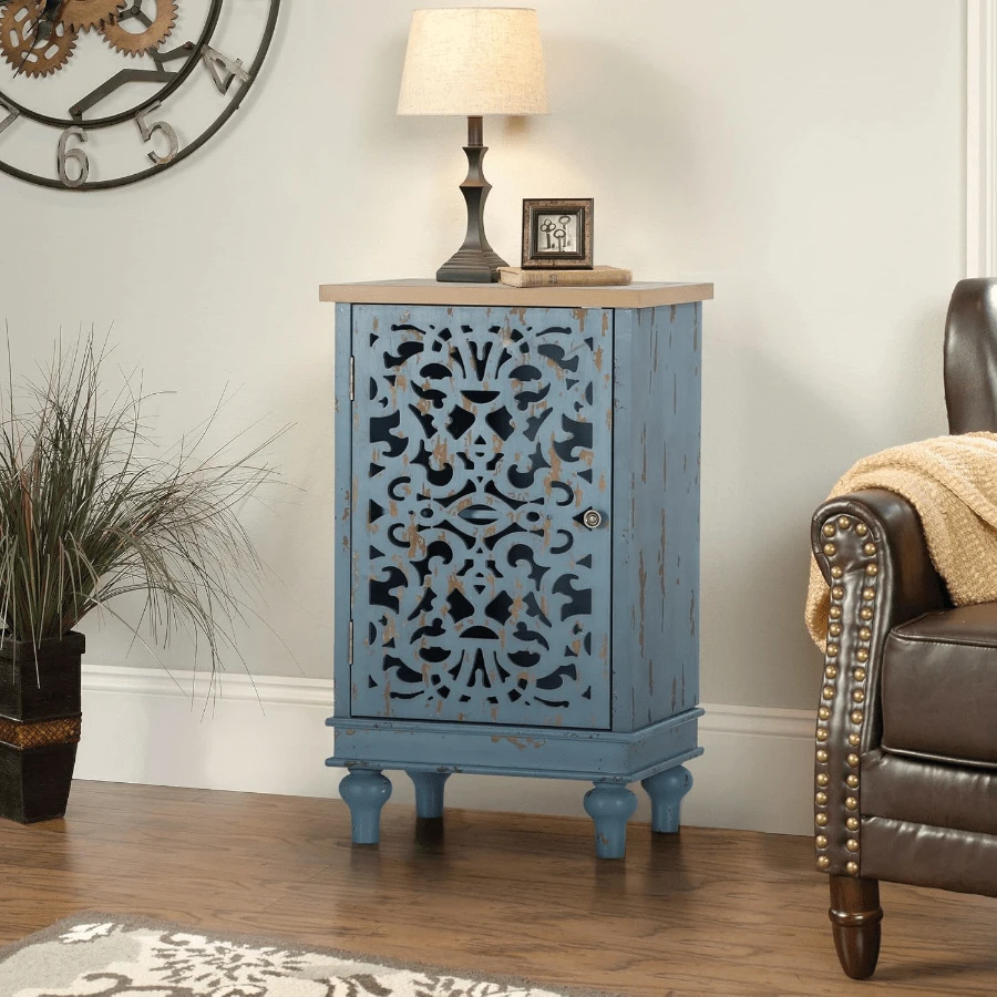 Accent Cabinet With 2 Doors, Distressed Storage Cabinet With Wood Frame And Hollow-Carved Door For Entryway Living Room, Blue
