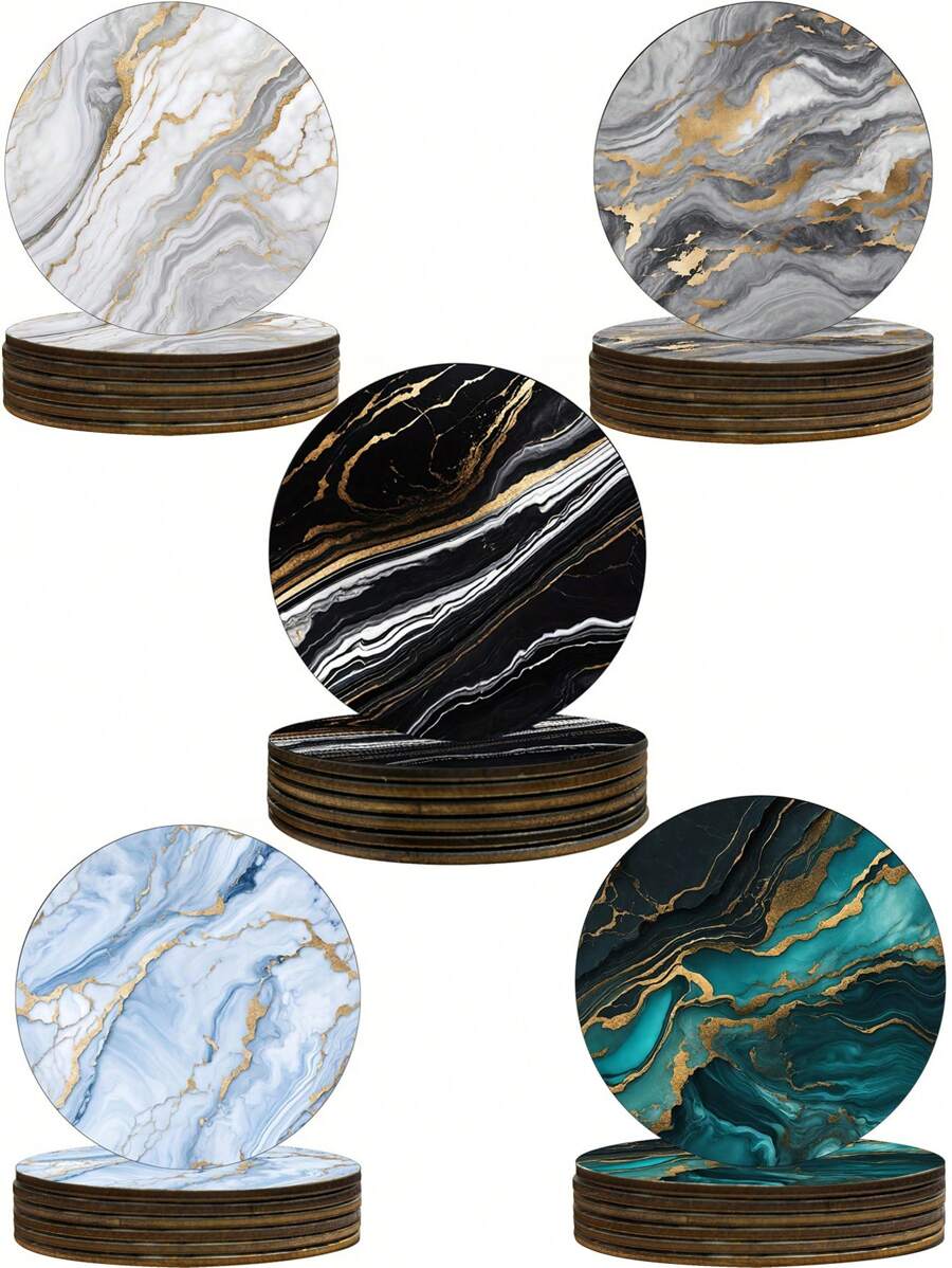1 Set Of 6 Marble Pattern Wooden Coasters, Heat Resistant, Non-Slip, Insulating, Suitable For Coffee Cups And Beverages, Great For Home, Office And Dining Use, Marble Style Ceramic Wooden Coasters For Various Cups