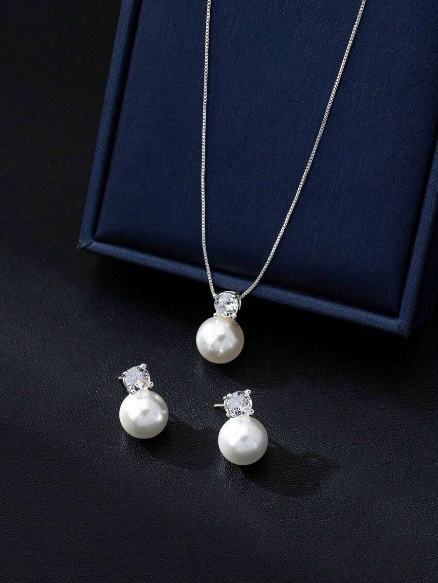 3pcs/Set Minimalist Faux Pearl Pearl & Zirconia Stone Stud Earrings, Necklace Suit, Elegant For Engagement, Party, Everyday Wear, Mother's Day Gift Ide