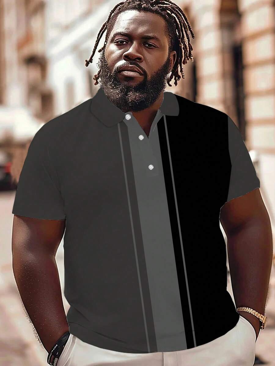 1pc Plus Size Men's Stripe Golf Polo Shirt, Short Sleeve Regular Fit Fashionable Casual Shirt