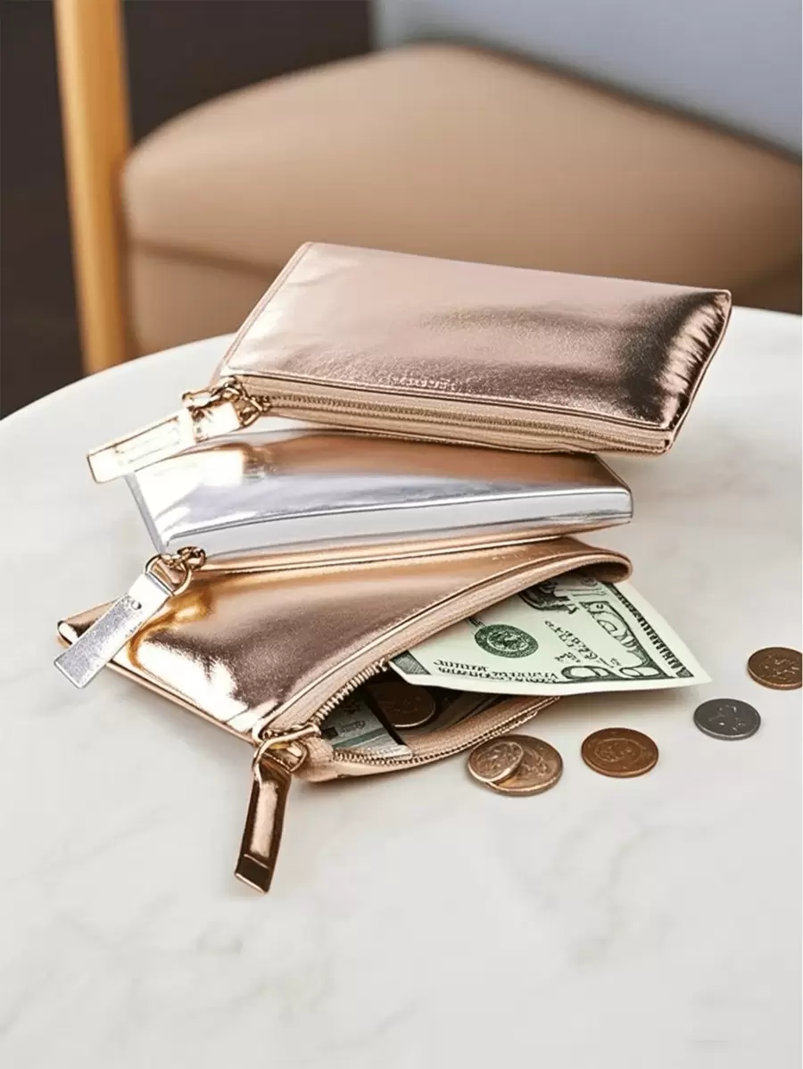 Sacs de maquillage métalliques de grande capacité. Trousse de cosmétiques chic et simple, porte-monnaie élégant, sac clutch pour femmes. Idéal pour la salle de bain, les voyages, le collège, le dortoir, les outils de maquillage. Portefeuille zippé, mini portefeuille, porte-monnaie, petit portefeuille