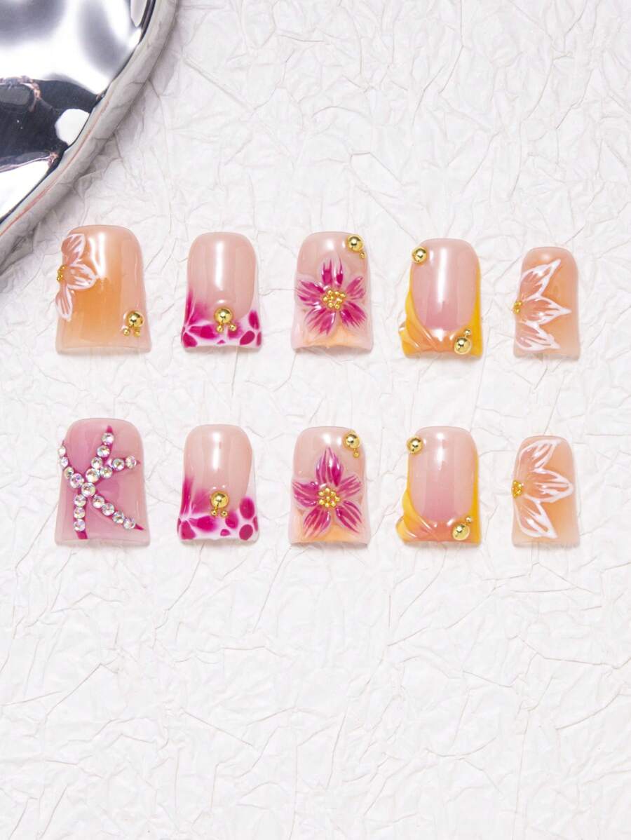 10pcs/Set Handmade Y2K Duck Mouth Nail With French Tip, AB Rhinestone, Flower & Bow Decor, Nude, Pink And White Color Options, Suitable For Party, Wedding, Daily Wear, Comes With Tool Kit, Great Gift For Women And Girls Nails