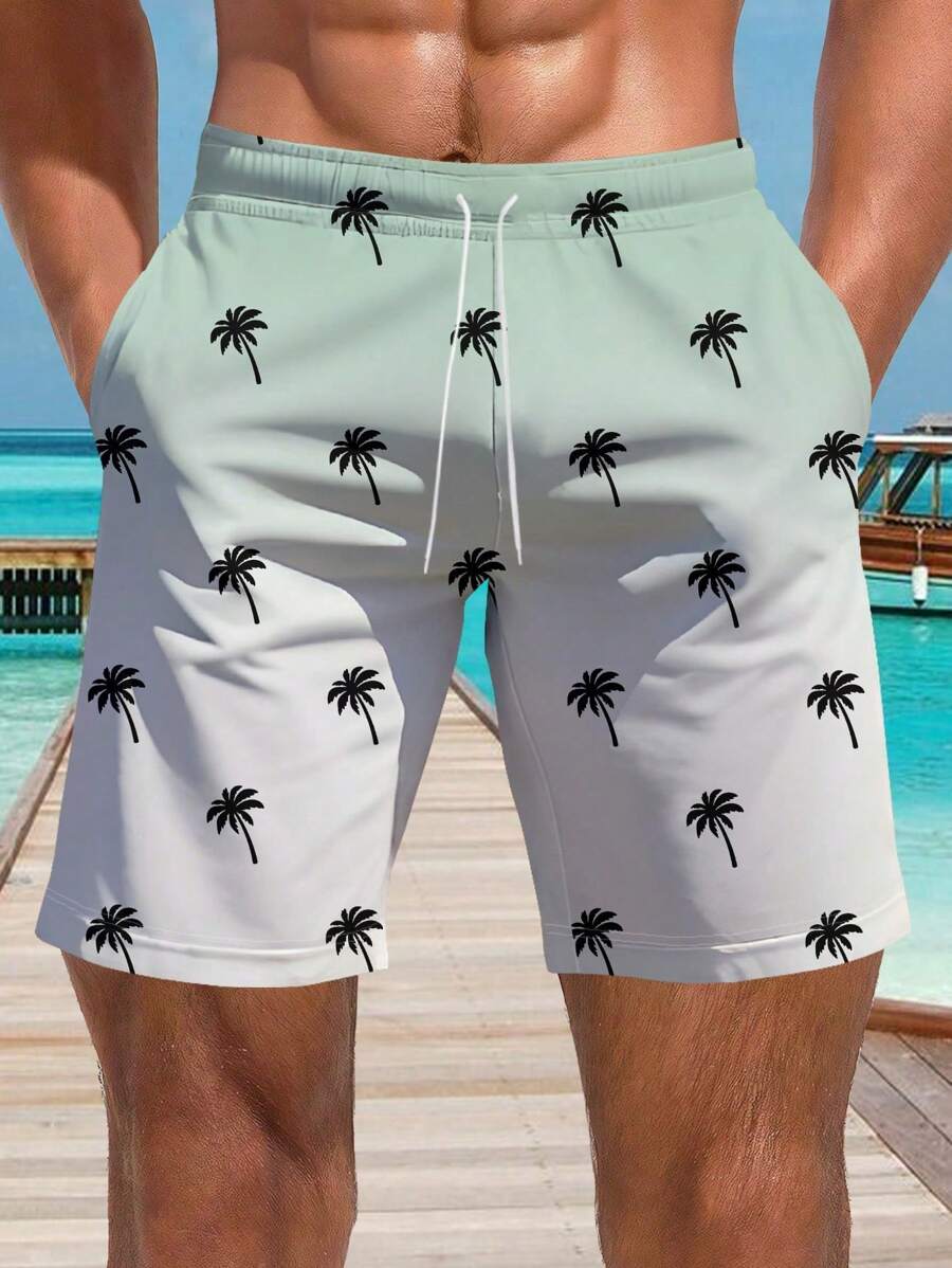 Plus Size Men's Hawaiian Print Casual Quick-Dry Drawstring Waist Beach Shorts - Perfect For Summer Outing