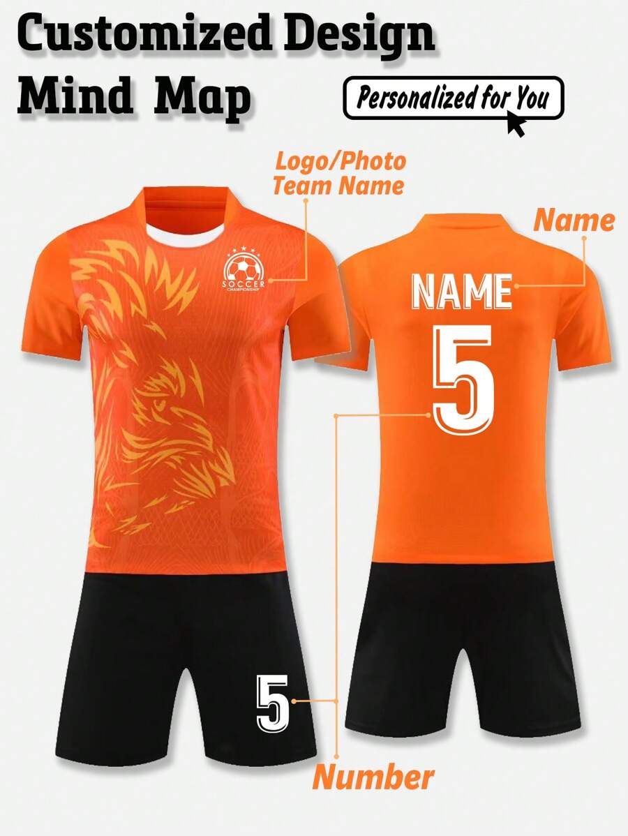 2 piezas Conjunto personalizado de jersey de fútbol para niños preadolescentes - Camiseta de manga corta con nombre del equipo personalizado, número y logotipo impreso + Pantalones cortos para uso deportivo y de uso casual en primavera/verano