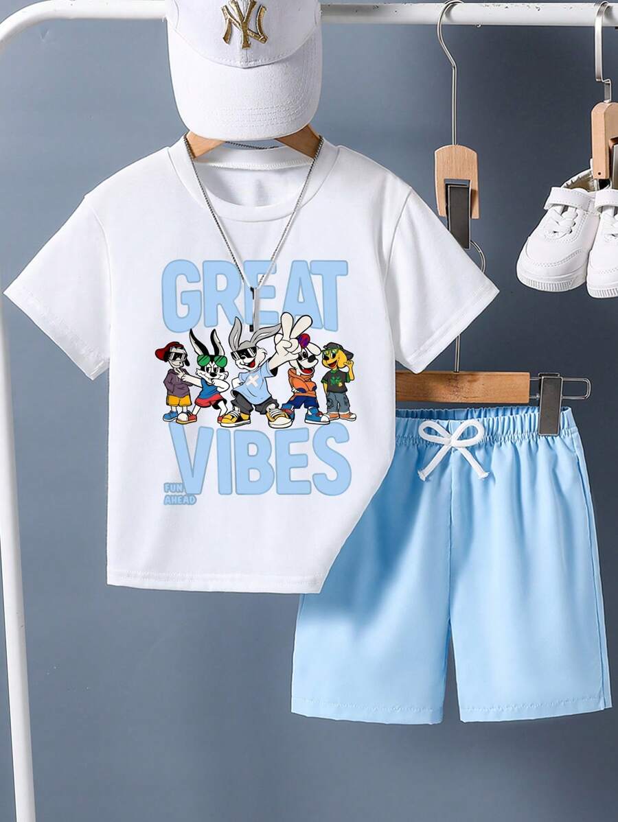 Tween Boys Cartoon Print Short Sleeve T-Shirt And Shorts Summer Outfit