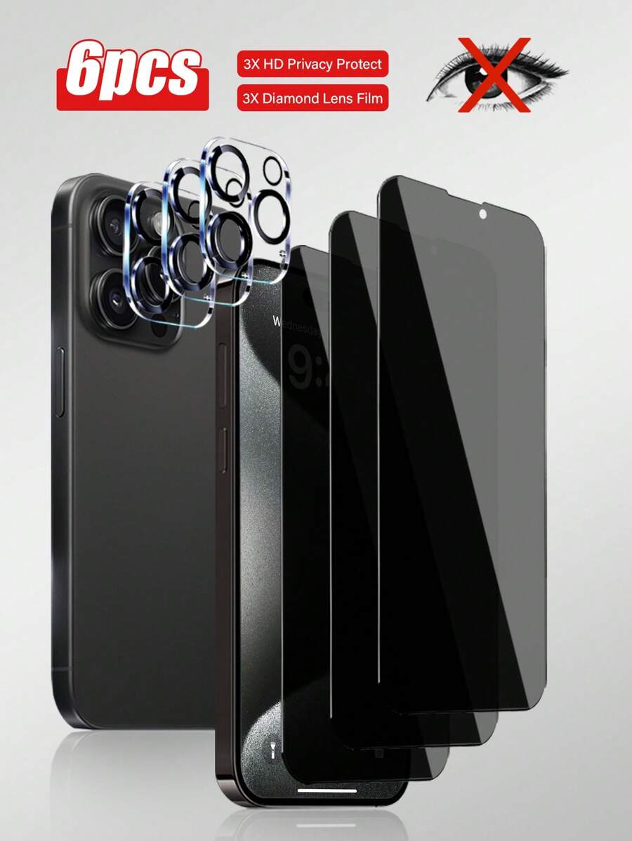 6er Set: 3 Stück Anti-Spähschutz gehärtetes Glas Displayschutz + 3 Stück 3D Kamera Linsenschutz, 1:1 Hochauflösende Klarheit, kratzfest, langanhaltend, geeignet für Apple iPhone X/XR/11/12/13/14/15/16/16Pro/16Plus/16Pro Max/16e Komplette Serie