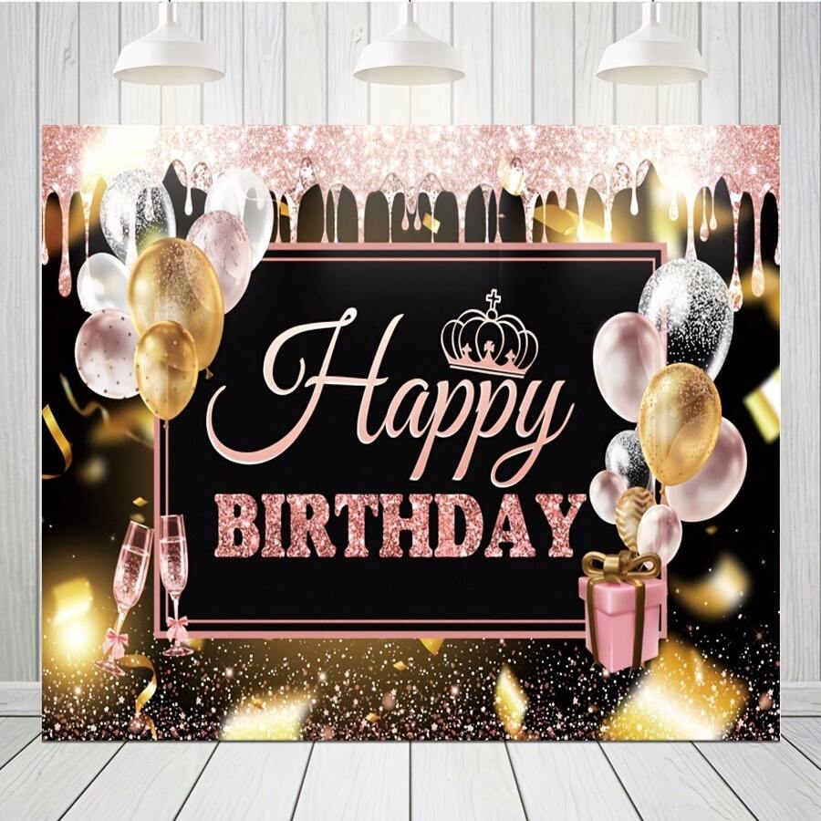 Polyester Party Celebration Background With Shiny Balloons And Gift Design For Photography, Elegant Pink And Gold Holiday Flag, Commemorative Milestone Decoration